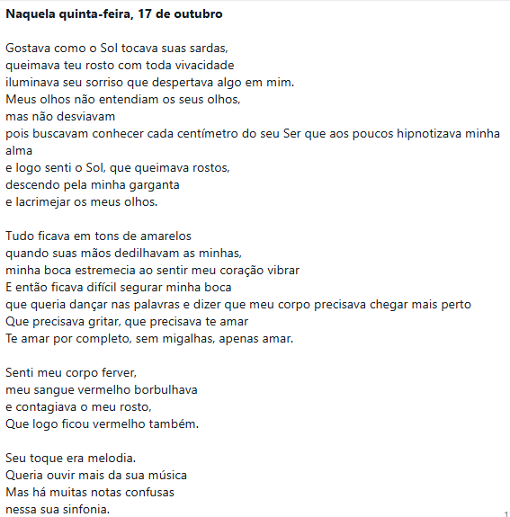 Poema da estudante Mariah Fonseca, do curso Integrado em Sistemas de Energia Renovável, módulo 2