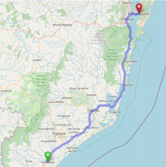 A distância de Araranguá a Florianópolis é de aproximadamente 210km, segundo serviços de mapas online (Imagem: reprodução OpenStreetMap)