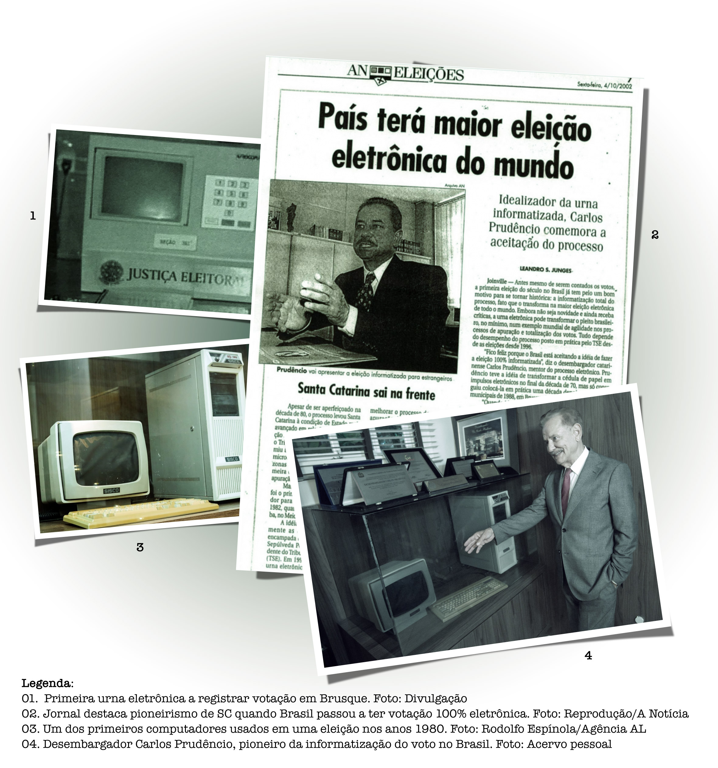 Infográfico com quatro imagens de urnas antigas, página de jornal e o desembargador Carlos Prudêncio 